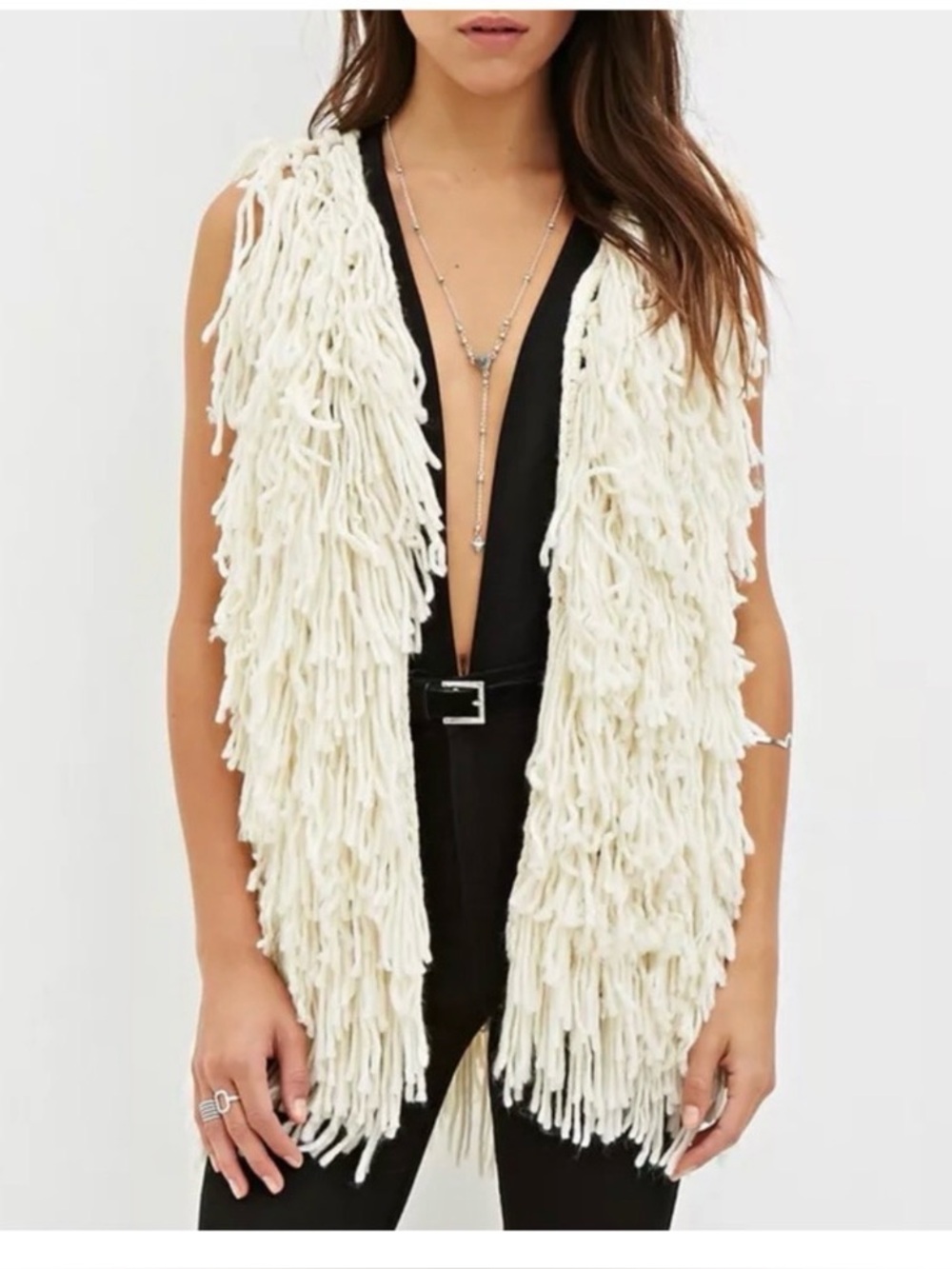 Akualani Cream Open Knit Fringe Vest